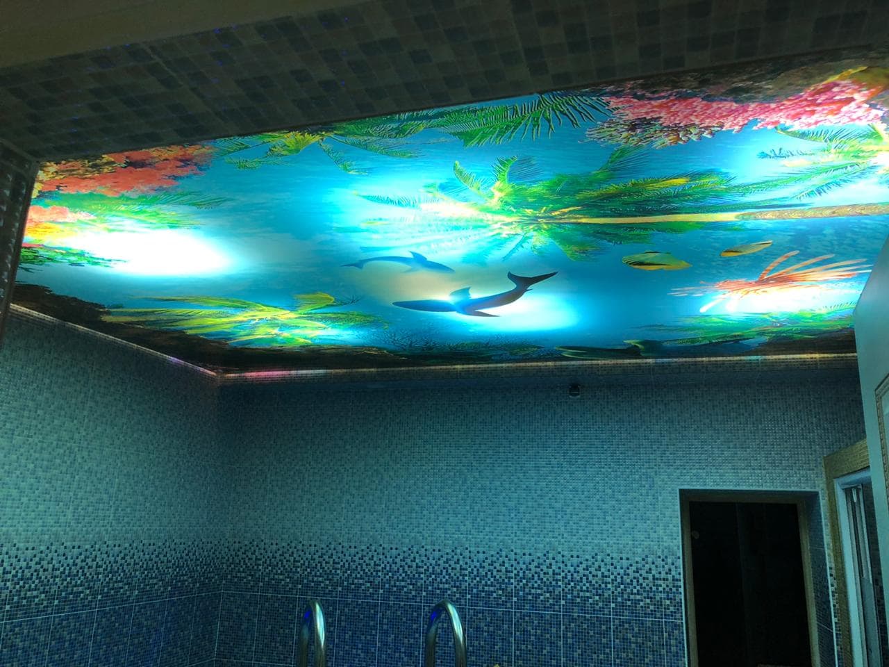 Фотопечать на потолке в бассейне - вода, рыбы. Натяжной потолок с печатью в бассейне загородного дома.